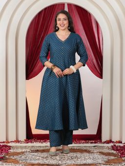 ARAMYA - Women Blue Chanderi Floral Printed Anarkali Kurta With Pant