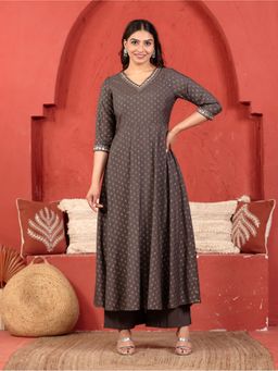 ARAMYA - Women Brown Silk Blend Floral Printed Anarkali Kurta With Palazzo