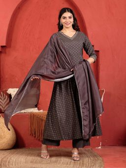 ARAMYA - Women Brown Silk Blend Floral Printed Anarkali Kurta With Palazzo and Dupatta