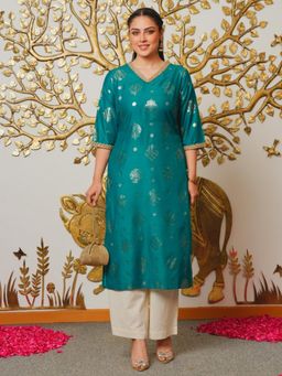 ARAMYA - Women Teal Chanderi Floral Printed Kurta With Pant