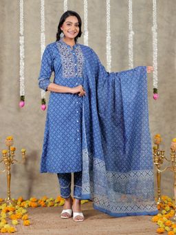ARAMYA - Women Blue Pure Cotton Geometric Printed Kurta With Pant and Dupatta