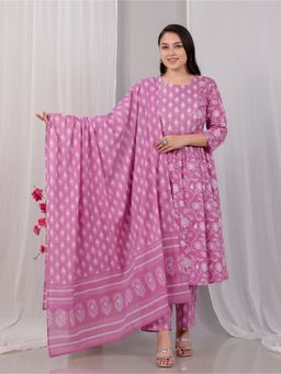ARAMYA - Women Pink Pure Cotton Floral Printed Anarkali Kurta With Pant and Dupatta