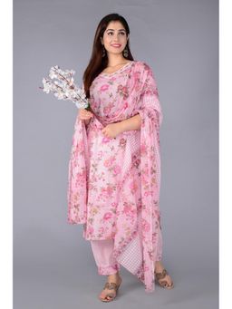 Aayusika - Women Pink Cotton Embroidered Kurta with Pant and Dupatta