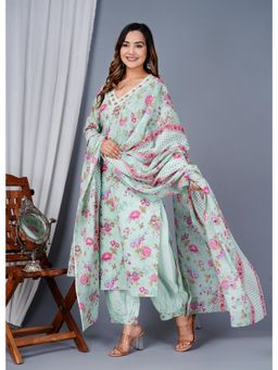 Aayusika - Women Green Cotton Embroidered Kurta with Pant and Dupatta