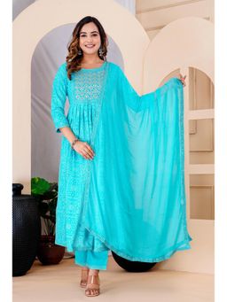 Aayusika - Women Turquoise Rayon Embroidered Kurta with Pant and Dupatta