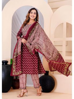 Aayusika - Women Maroon Cotton Embroidered Kurta with Pant and Dupatta