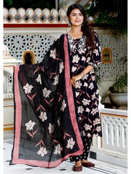 Aayusika - Women Black Cotton Embroidered Kurta with Pant and Dupatta