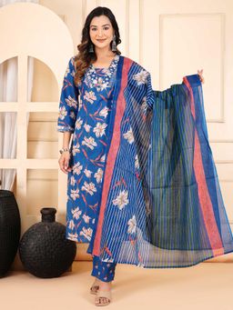 Aayusika - Women Blue Cotton Embroidered Kurta with Pant and Dupatta