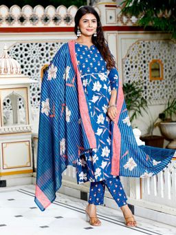 Aayusika - Women Blue Cotton Floral Kurta with Pant and Dupatta