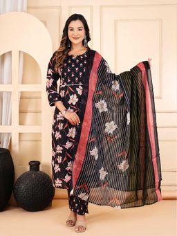 Aayusika - Women Black Cotton Floral Kurta with Pant and Dupatta