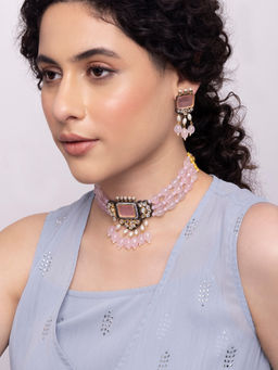 Indya - White Pink Kundan Faux Stone Beaded Earring Choker Set (Set of 2)