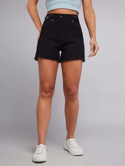 DOLCE CRUDO - Women's Black Relaxed Fit High Rise Clean Look Stretchable Denim Shorts