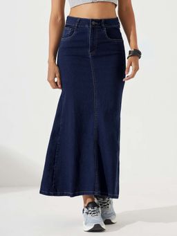 DOLCE CRUDO - Women's Dark Blue Flared Clean-Look Stretchable Denim Maxi Skirt