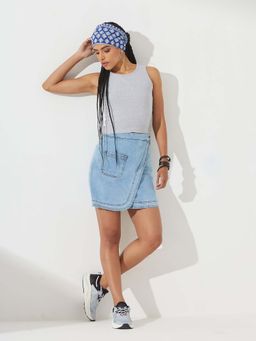 DOLCE CRUDO - Women's Light Blue Regular Above Knee Stretchable Denim Skirt