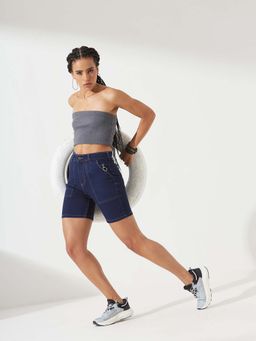DOLCE CRUDO - Women's Navy Blue Regular Above Knee Stretchable Denim Shorts