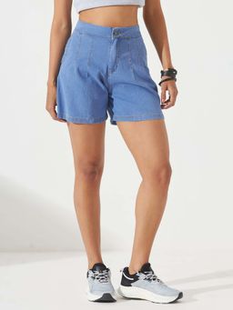 DOLCE CRUDO - Women's Blue Flared Regular-Length Stretchable Light-Weight Denim Shorts