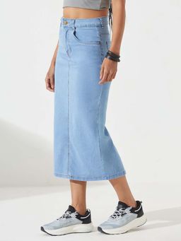 DOLCE CRUDO - Women's Light Blue Straight Midi Stretchable Denim Skirt