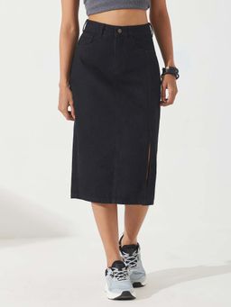 DOLCE CRUDO - Women's Black Straight-Fit Clean-Look Stretchable Denim Midi Skirt
