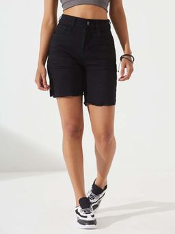 DOLCE CRUDO - Women's Black Regular Clean Look Above Knee Stretchable Denim Shorts