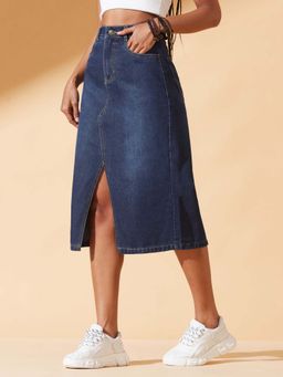 DOLCE CRUDO - Women's Dark Blue A-Line Clean-Look Non-Stretchable Denim Midi Skirt