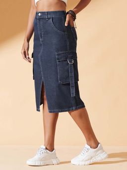 DOLCE CRUDO - Women's Navy Blue Straight High Rise Clean Look Midi Denim Skirt