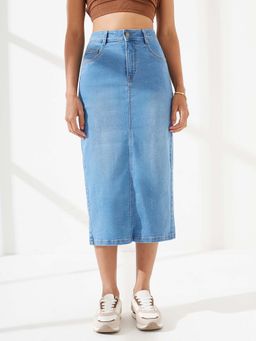 DOLCE CRUDO - Women's Mid Blue Bodycon High Rise Stretchable Denim Midi Skirt