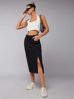 DOLCE CRUDO - Women's Black Straight-Fit High-Rise Stretchable Denim Midi Skirt