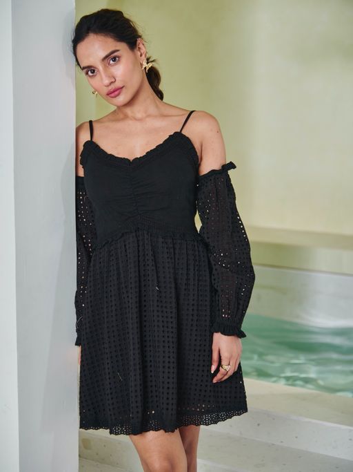 Buy Style Island Women's Cotton Fit And Flare Brunette Black Skater Dress  Online