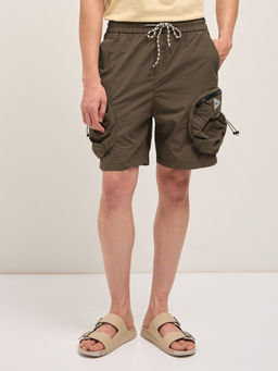 The Bear House - Men Comfort Fit Brown Casual Polyester Cargo Shorts