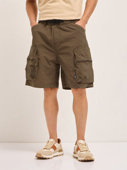 The Bear House - Men Comfort Fit Brown Casual Polyester Cargo Shorts