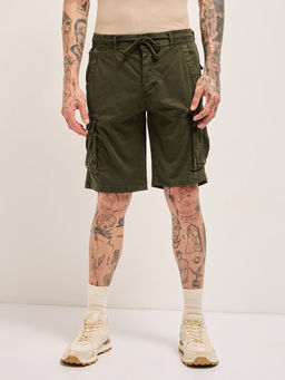 The Bear House - Men Regular Fit Olive Casual Cotton Cargo Shorts