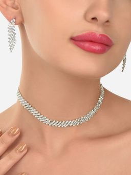 Zaveri Pearls - Silver Tone Dazzling Austrian Diamonds Necklace and Earring Set-ZPFK12106