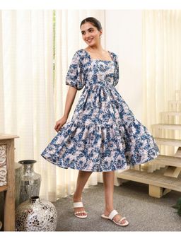 Bee Boldd - Blue Flower Printed Backless Tiered Knee Length Dress