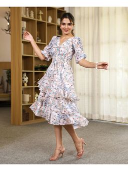 Bee Boldd - Multi-Color Floral Printed Knotted Up Down Frill Midi Dress