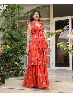 Bee Boldd - Candy Red Floral Printed Frill Maxi Dress