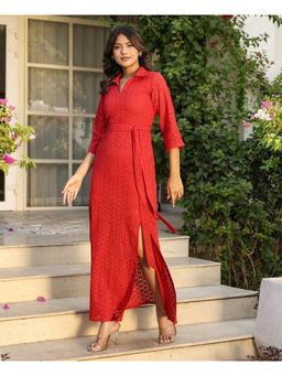 Bee Boldd - Red Schiffli Long Shirt Belted Maxi Dress (Set of 2)