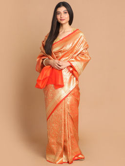Indethnic - Banarasi Orange Woven Design Festive Wear Saree With Unstitched Blouse
