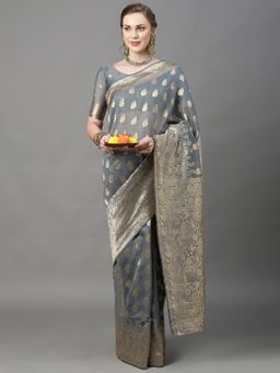 Akhilam - Womens Cotton Silk Grey Woven Design Saree with Unstitched Blouse