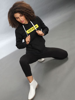 Campus Sutra - Black Women Printed Stylish Casual Hooded Sweatshirts