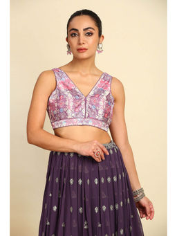 Soch - Womens Purple Silk Floral Print Padded Blouse with Unstitched Sleeves (Set of 2)