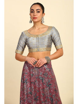 Soch - Womens Grey Silk Blend Embroidered Padded Blouse with Zari