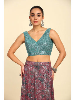 Soch - Womens Turquoise Blue Georgette Sequin Padded Blouse with Unstitched Sleeves (Set of 2)