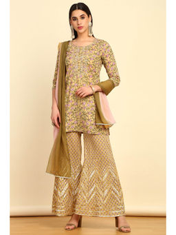 Soch - Womens Yellow Cotton Floral Print Zardozi Neck Kurta with Palazzo and Dupatta (Set of 3)