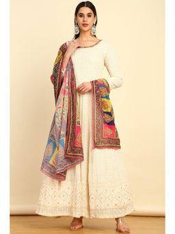 Soch - Womens Off White Embellished Ethnic Anarkali with Churidar and Dupatta (Set of 3)