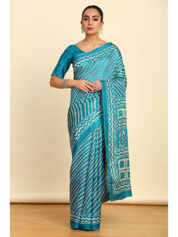 Soch - Womens Blue Striped Printed Art Silk Saree with Unstitched Blouse