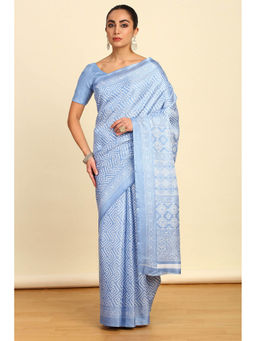 Soch - Womens Blue Geometric Printed Art Silk Saree with Unstitched Blouse
