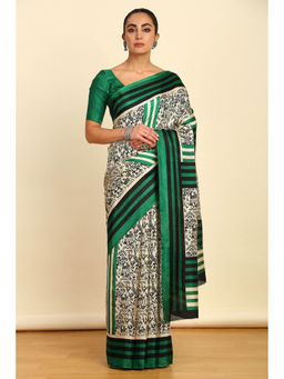 Soch - Womens Light Green Warli Printed Art Silk Saree with Unstitched Blouse