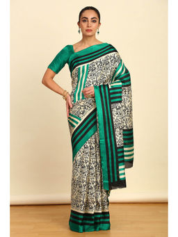 Soch - Womens Green Warli Printed Art Silk Saree with Unstitched Blouse