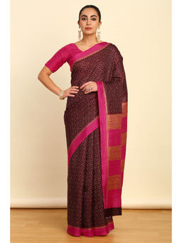 Soch - Womens Wine Micro Ditsy Printed Art Silk Saree with Unstitched Blouse