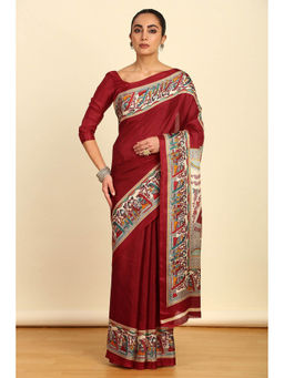 Soch - Womens Maroon Madhubani Printed Art Silk Saree with Unstitched Blouse